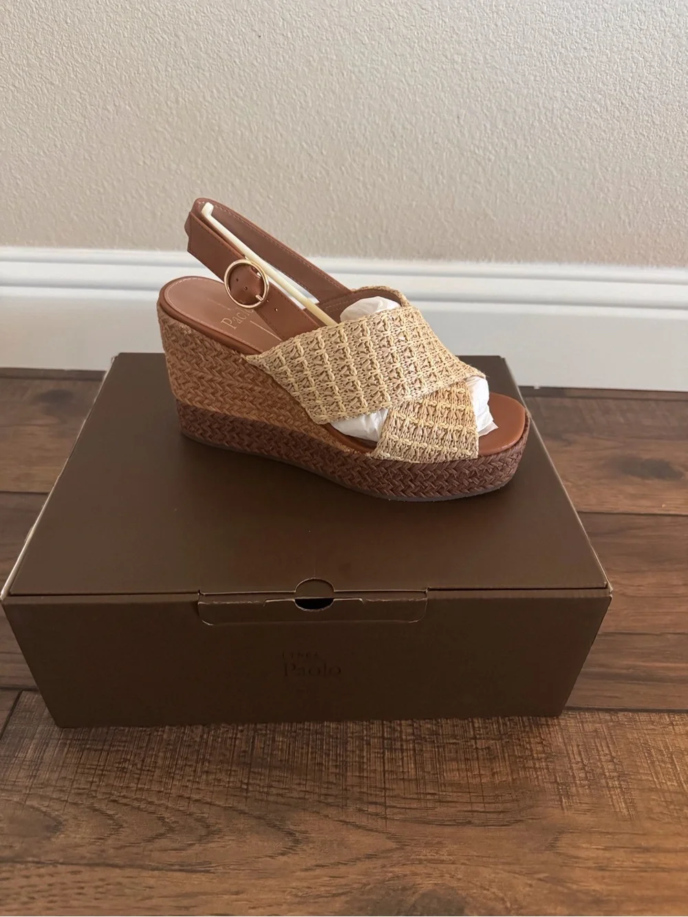 Linea Paolo Tan Woven Straw Platform Slingback Wedges